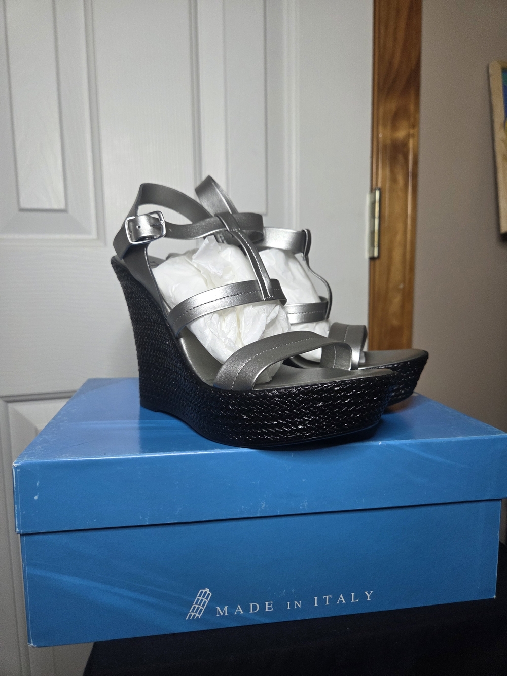 Italian Shoemakers Silver Strappy Wedge Sandals with Black Woven Platform